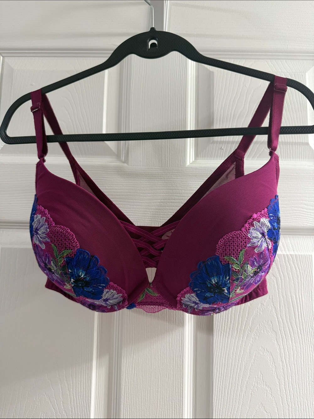 torrid Plum Lace-Up Push-Up Bra with Blue & Pink Floral Embroidery